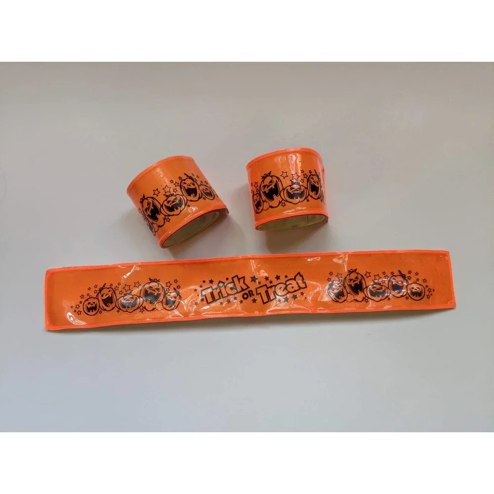 3 Vintage Halloween Slap Bracelets, Reflective‎ Safety Trick or Treat Wristbands